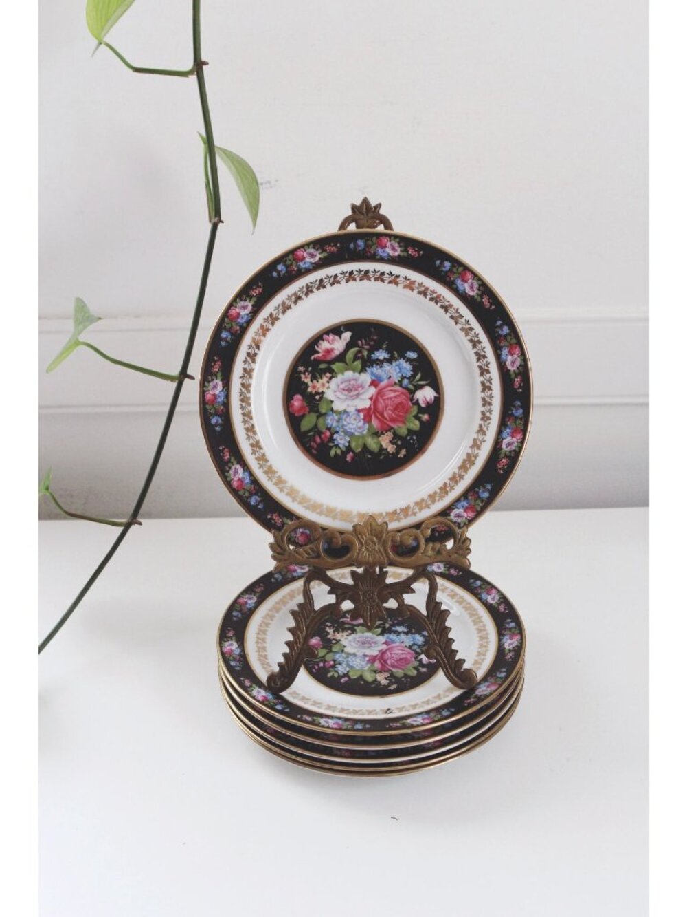 Vintage Floral Porcelain Salad Plates With Gold Trim - Set Of 8 - Black Pink & B